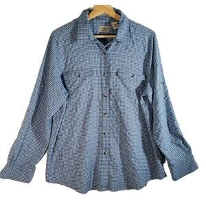 L.L.Bean Women’s Plaid Button Up Shirt L Aqua Blue Hiking Outdoor Roll Tab